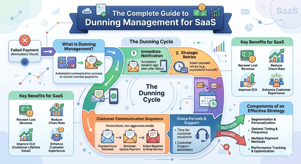 Infographic: SaaS dunning management cycle—failed payment recovery, smart retries, customer communication, and revenue outcomes